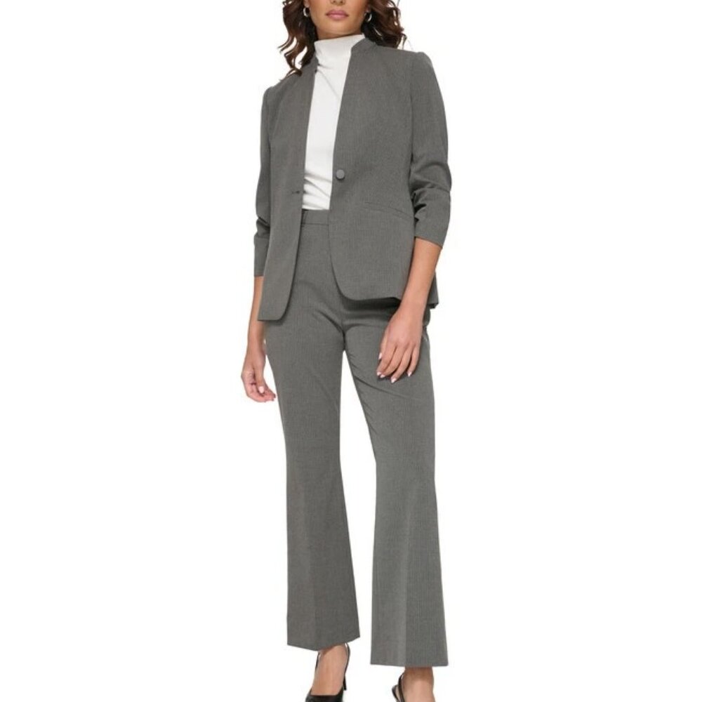 Calvin Klein One-Button Collarless Blazer Grey Pinstripe 7/8 Sleeve ruched 8